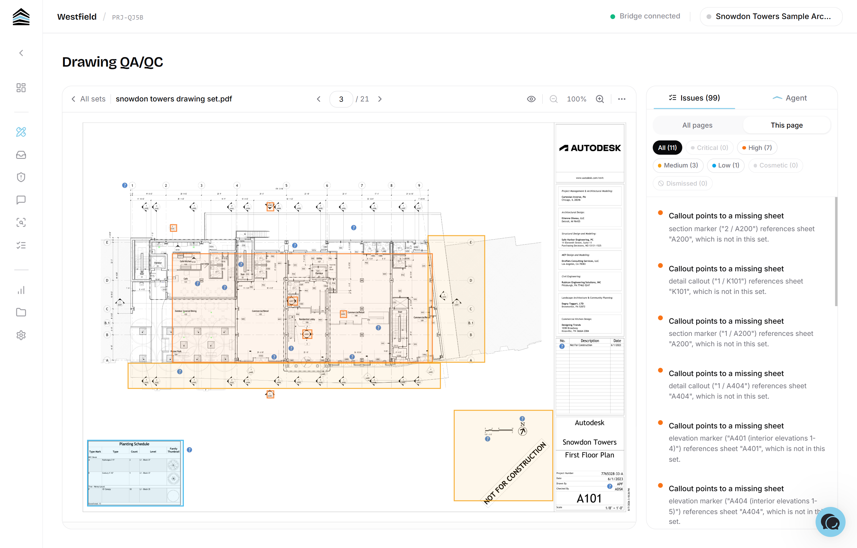 Drawing review showing a cross sheet finding with its two source sheets